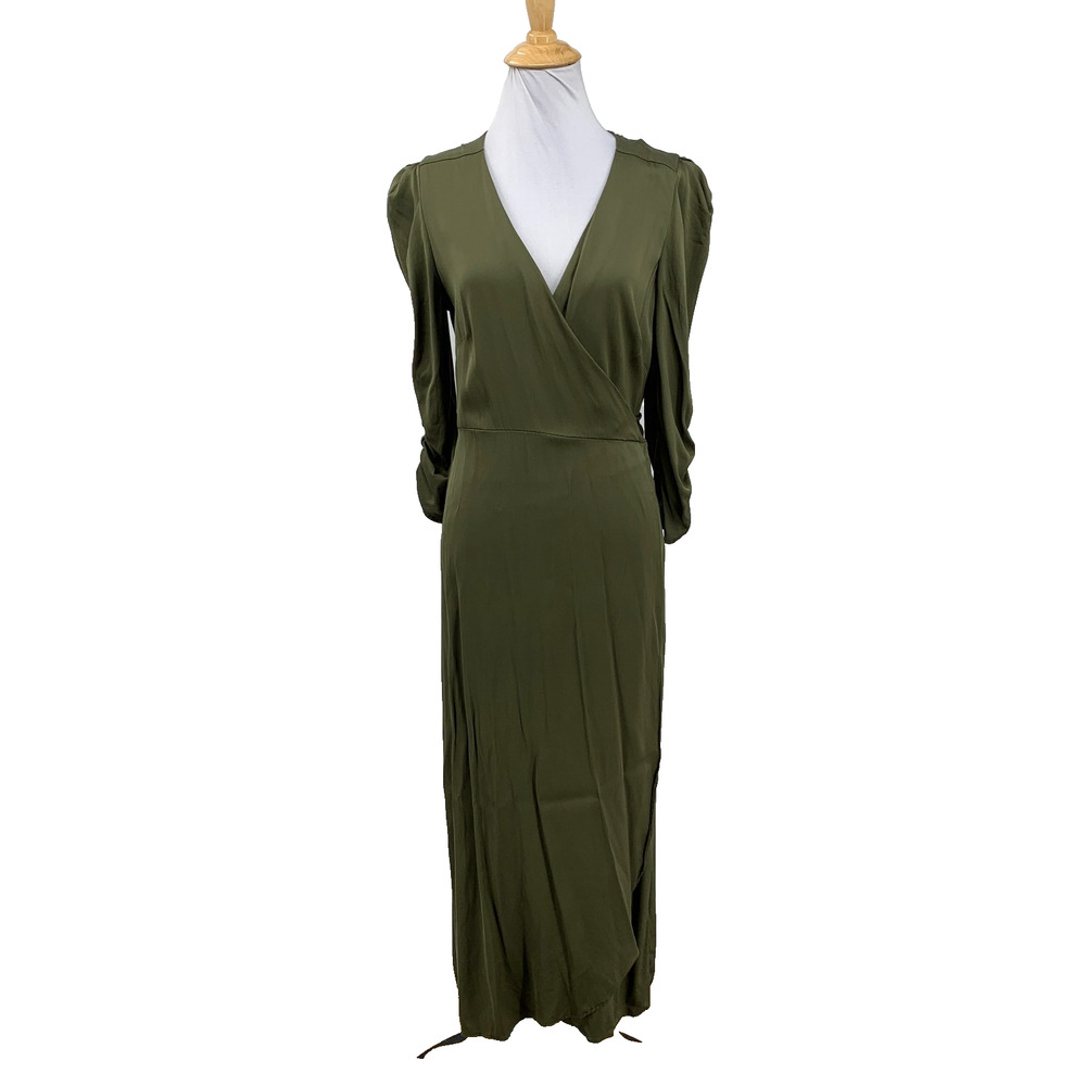 Elysewalker Dress Womens M Medium Silk Blend Puffed Shoulders Ruched Sleeve Maxi